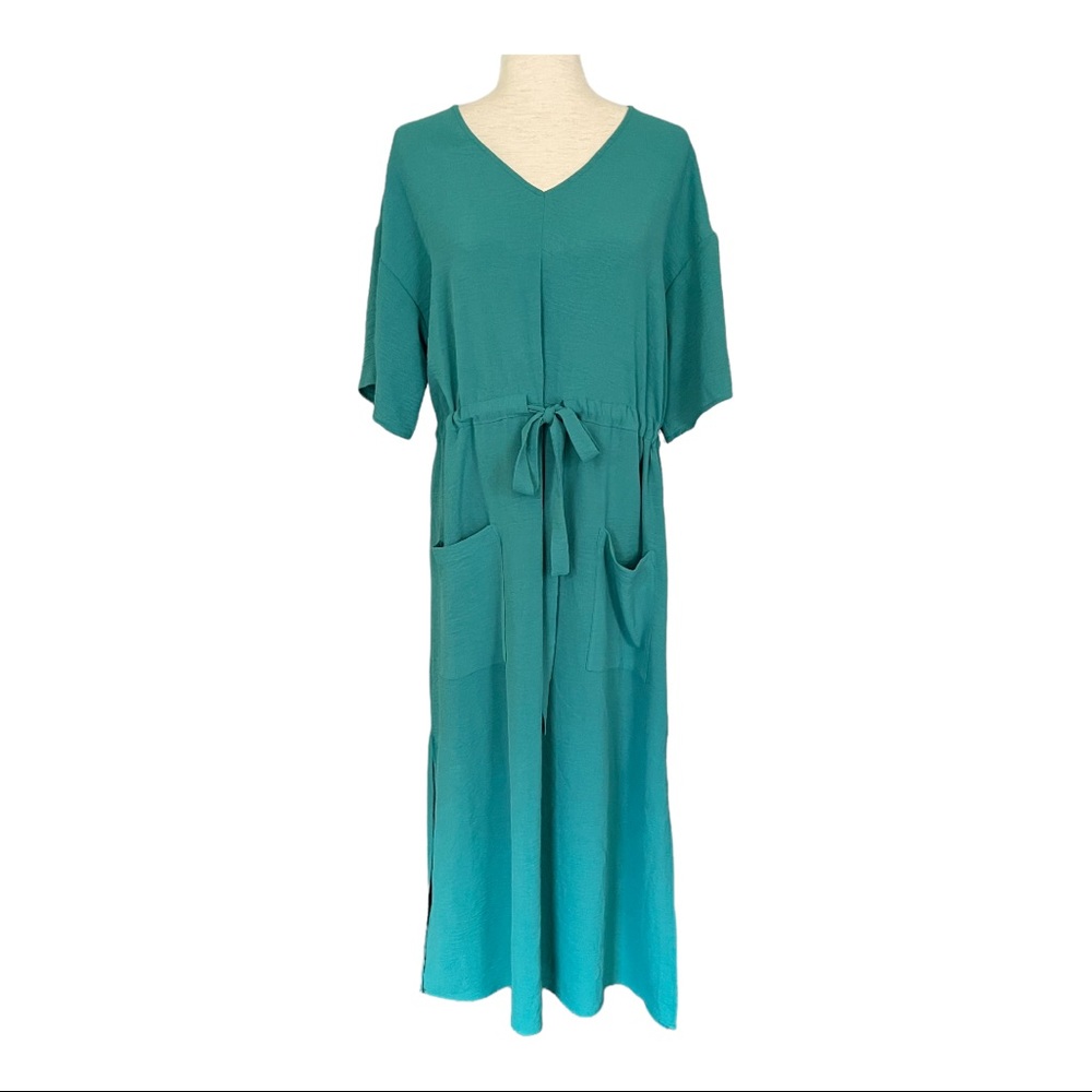 NWOT Dual Nature Short Sleeve Drawstring Midi Dress I’m Forrest green S